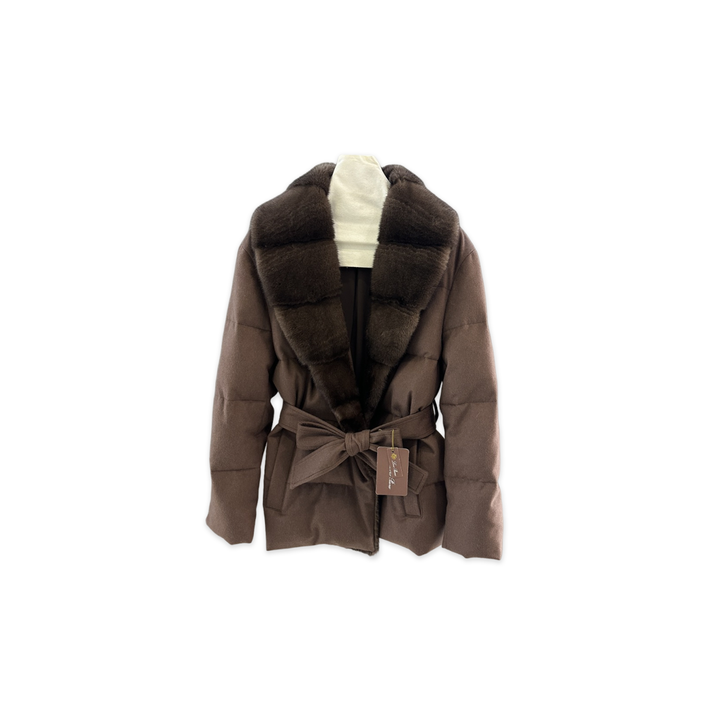 LORO PIANA MINK COLLAR BELTED DOWN JACKET